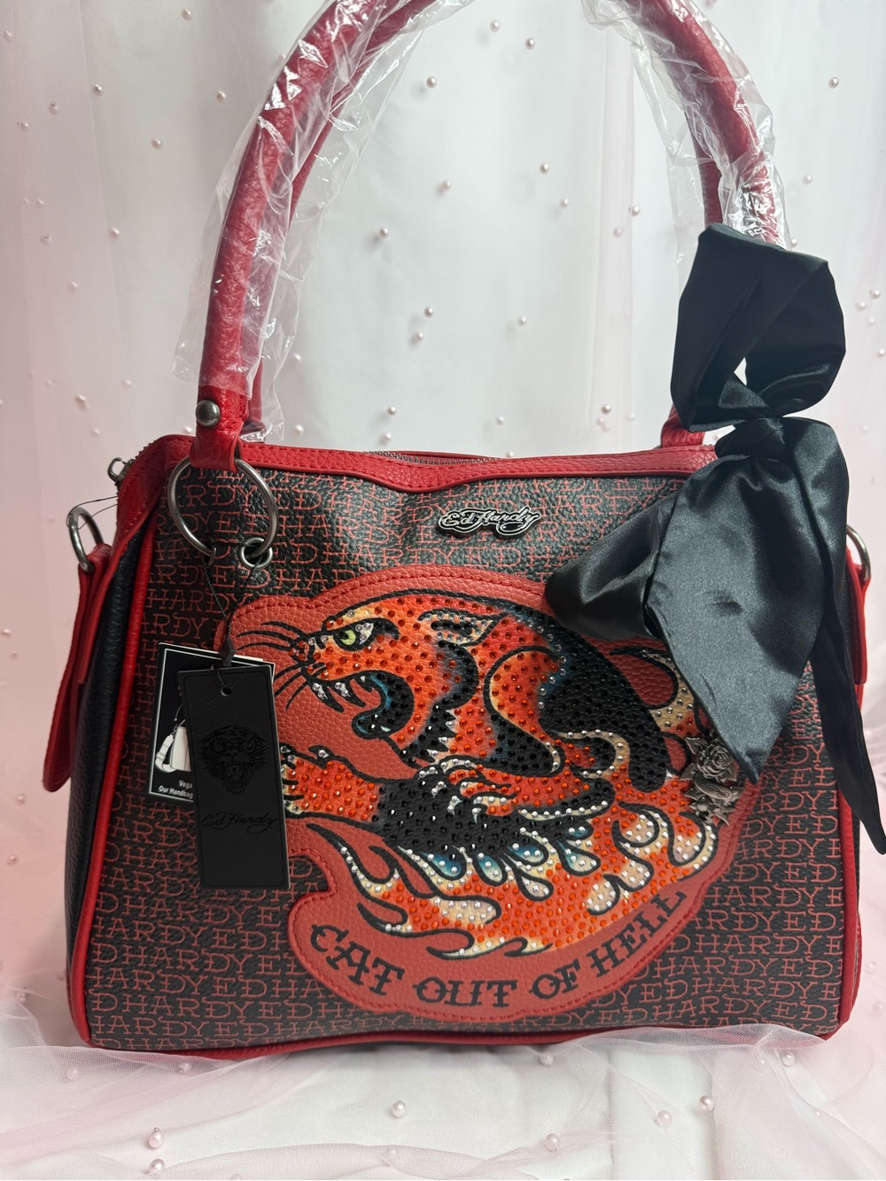 Ed Hardy Red and Black 'Cat Out of Hell' Rhinestone Shoulder Bag